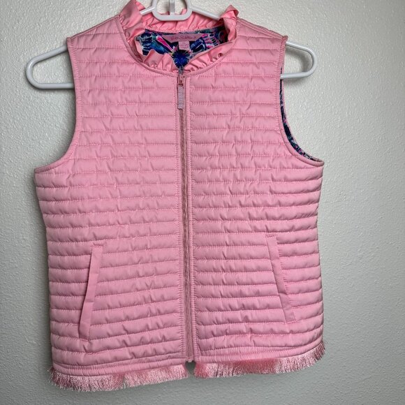 Lilly Pulitzer Girls Pink Quilted RuffleFringe Zip Vest Sz XL (12 - 14)